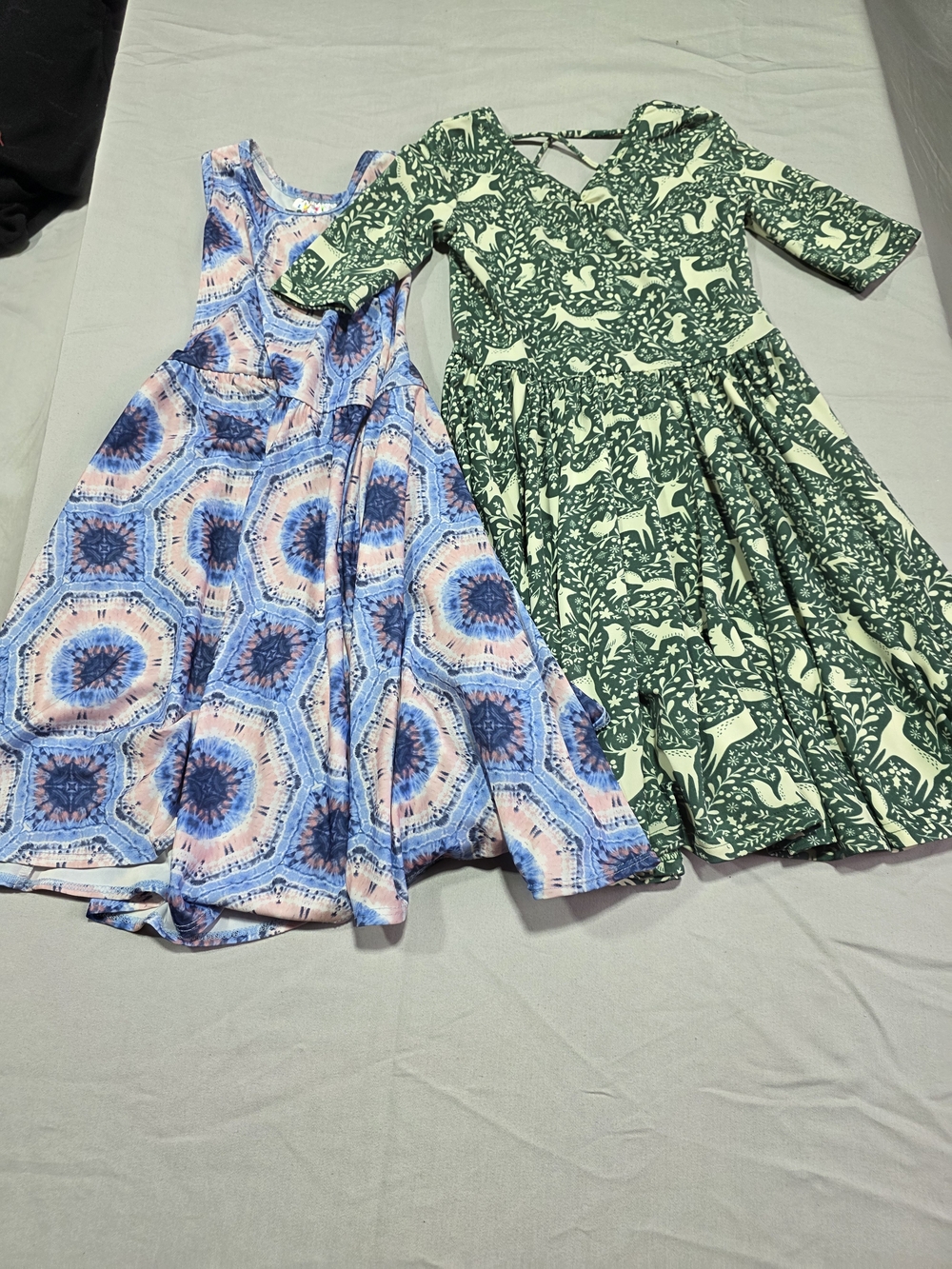 Dot Dot Smile Green Animal Print & Blue Tie-Dye Pattern Girls' Dresses